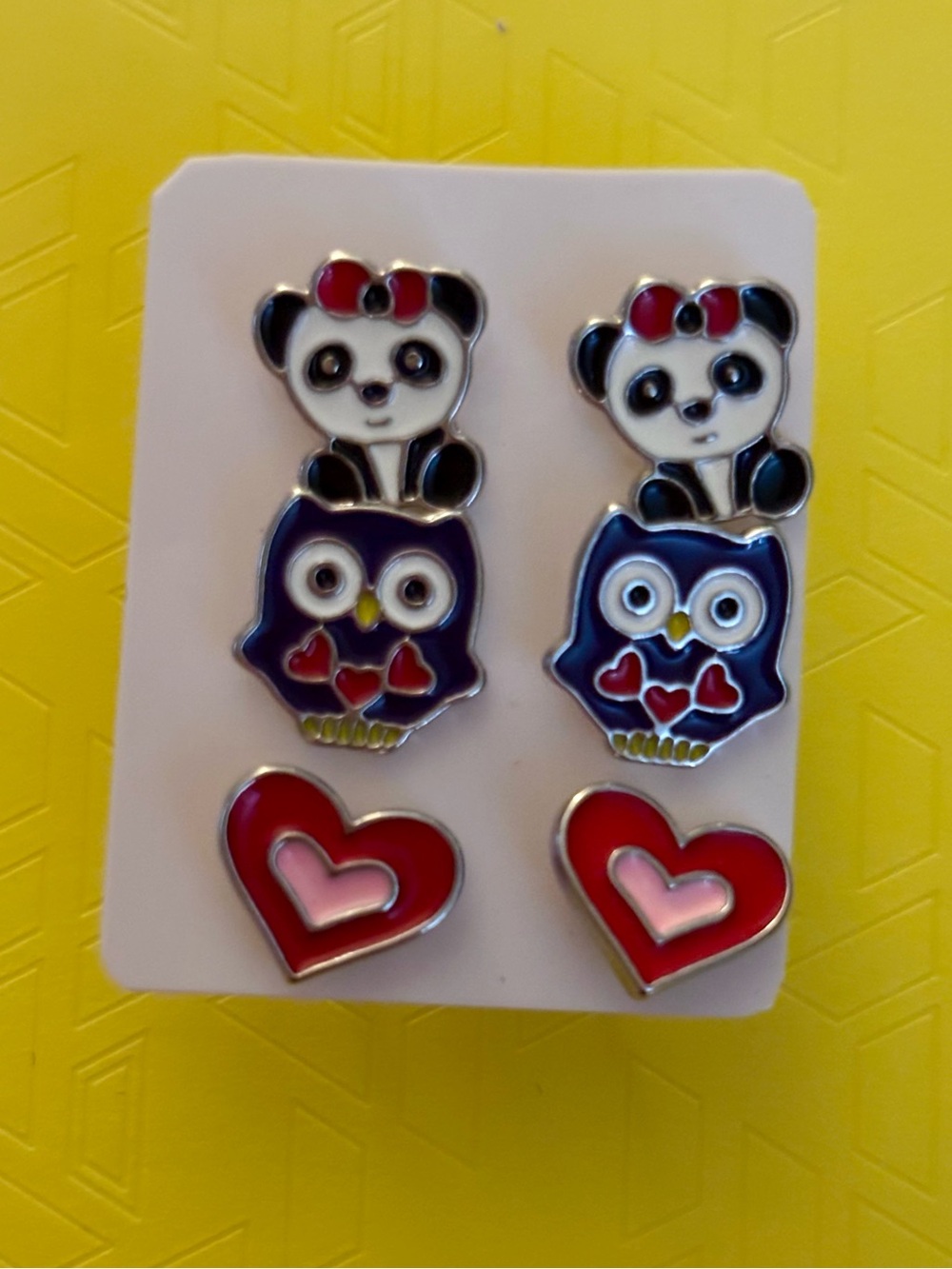 Kids Panda & Owl Stud Earring Trio - Pink & Red Hypoallergenic